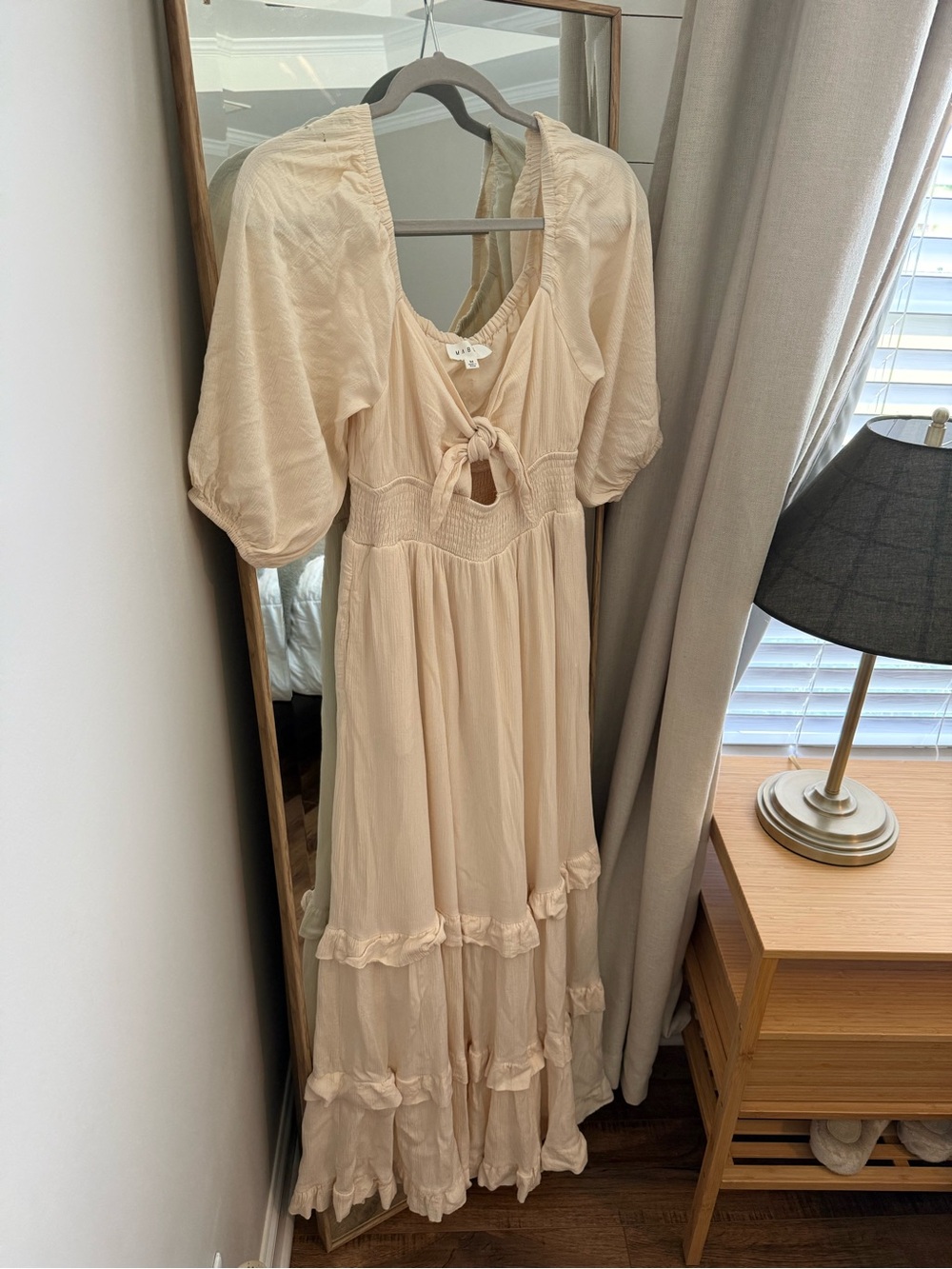 MABLE Cream Tiered Maxi Dress with Puff Sleeves and Tie Front